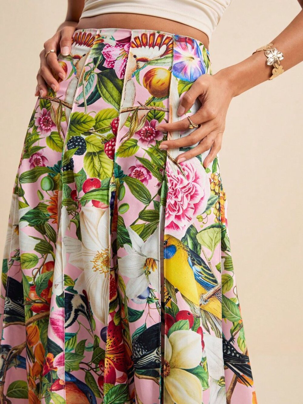Multicolor Boho Women's Tropical Floral Allover Print Pleated Skirt - Picture 7 of 8